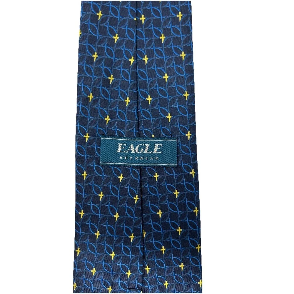 Eagle Neckwear Tie Blue Fish Gold Cross Pattern 100% Polyester  55.5
